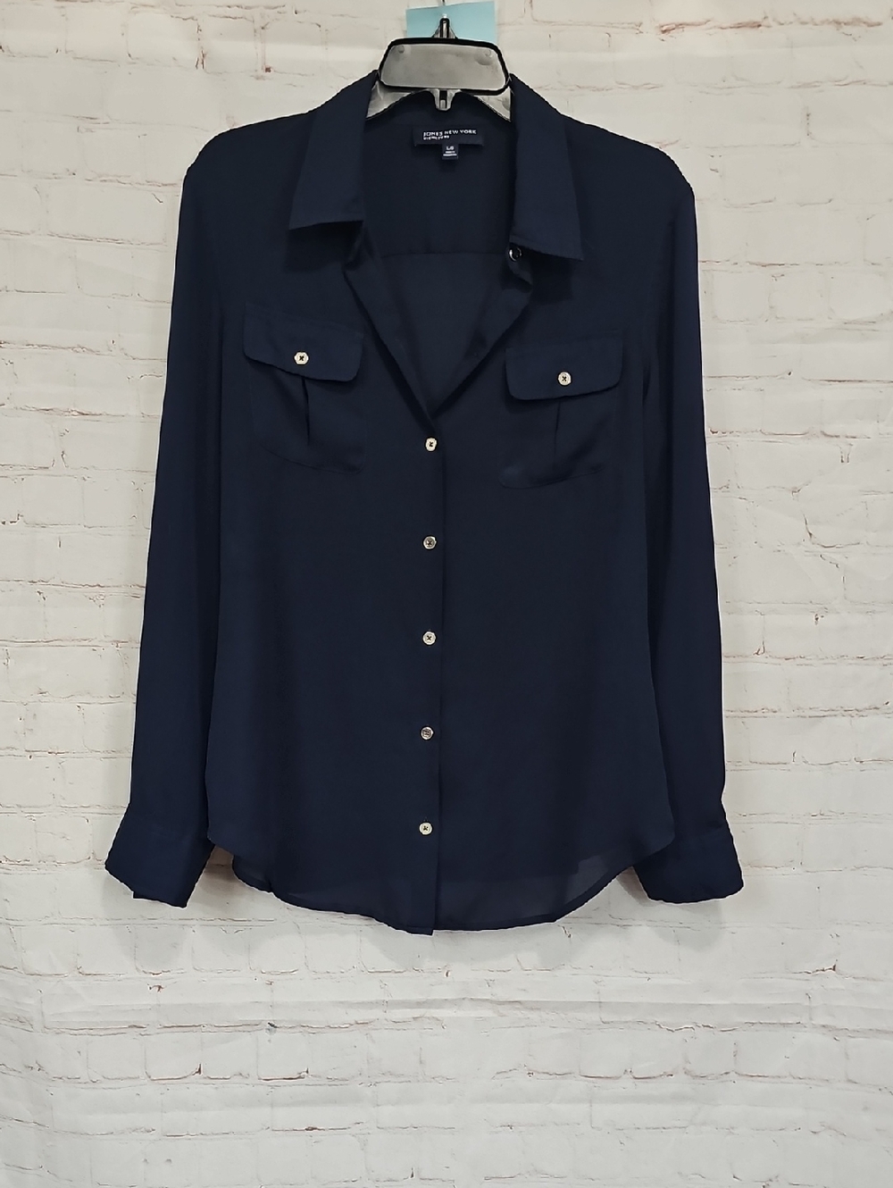 Jones New York Navy Button-Front Pocket Blouse